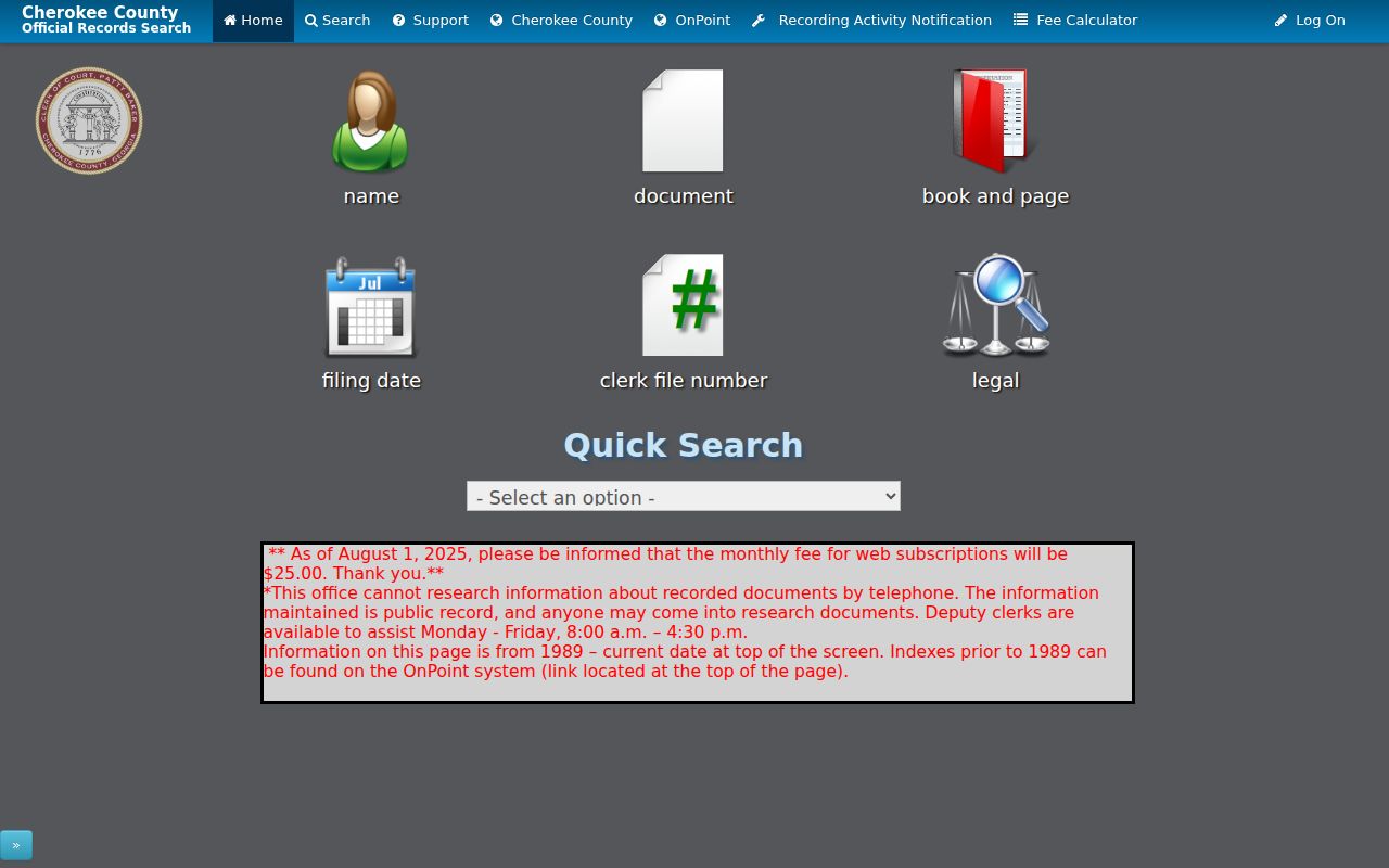 Cherokee County residents directory LandmarkWeb deed index