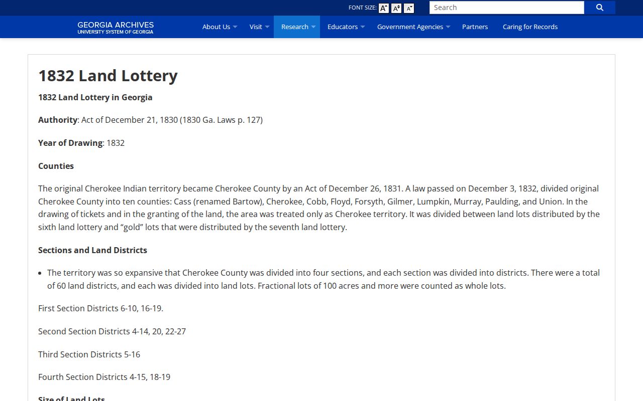 Cherokee County previous residents 1832 Georgia land lottery records