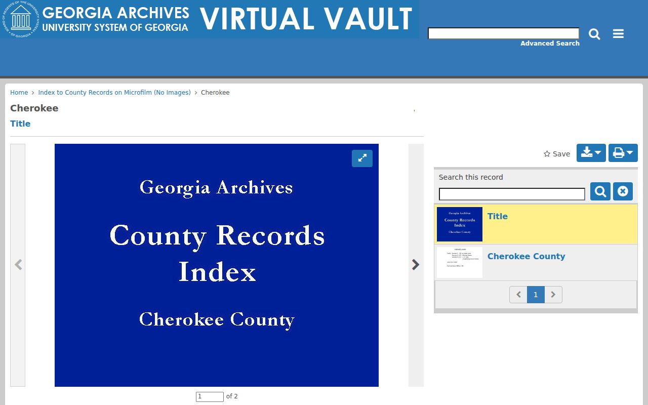 Cherokee County previous residents Georgia Archives county card