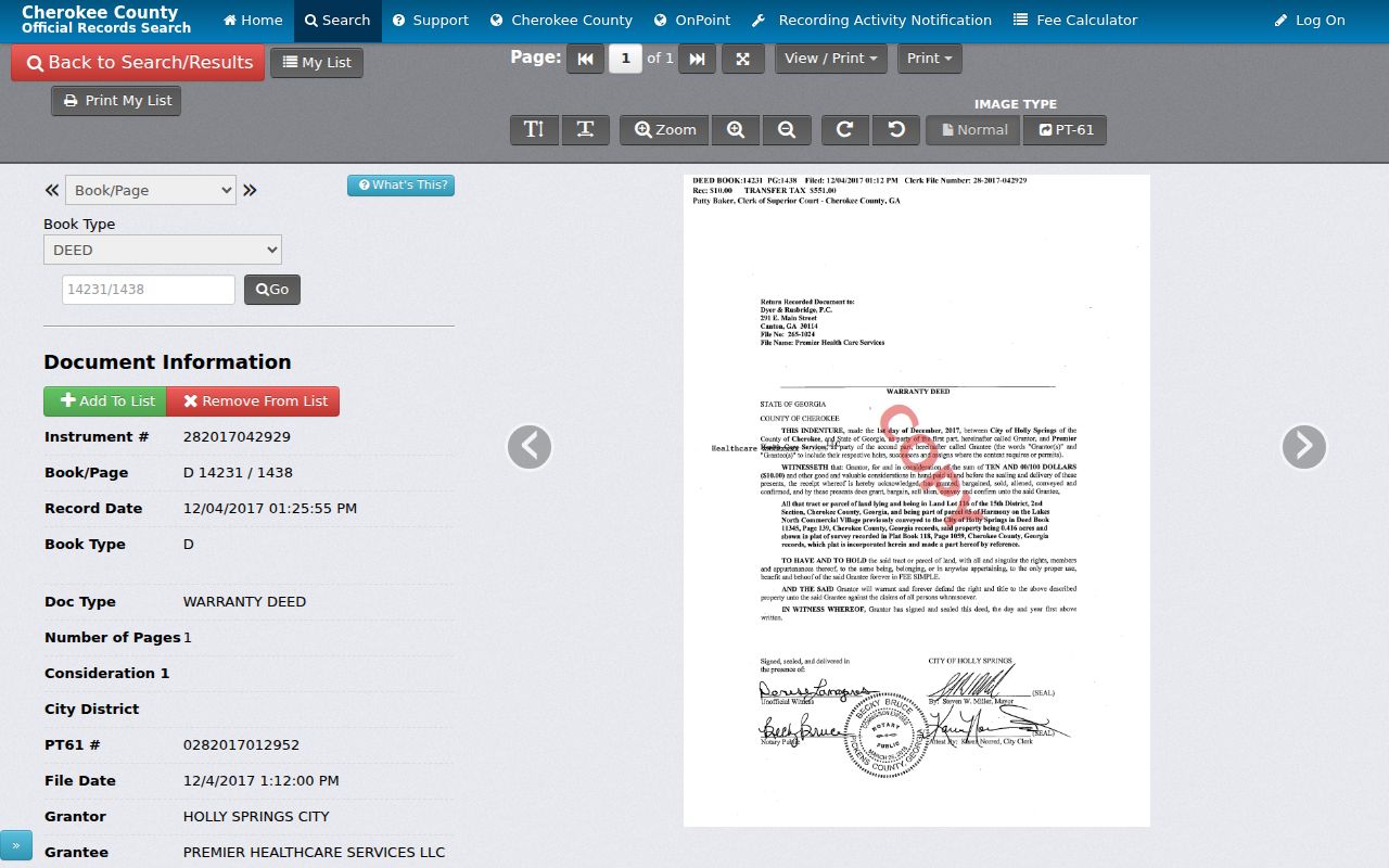 Cherokee County previous residents sample deed book and page record