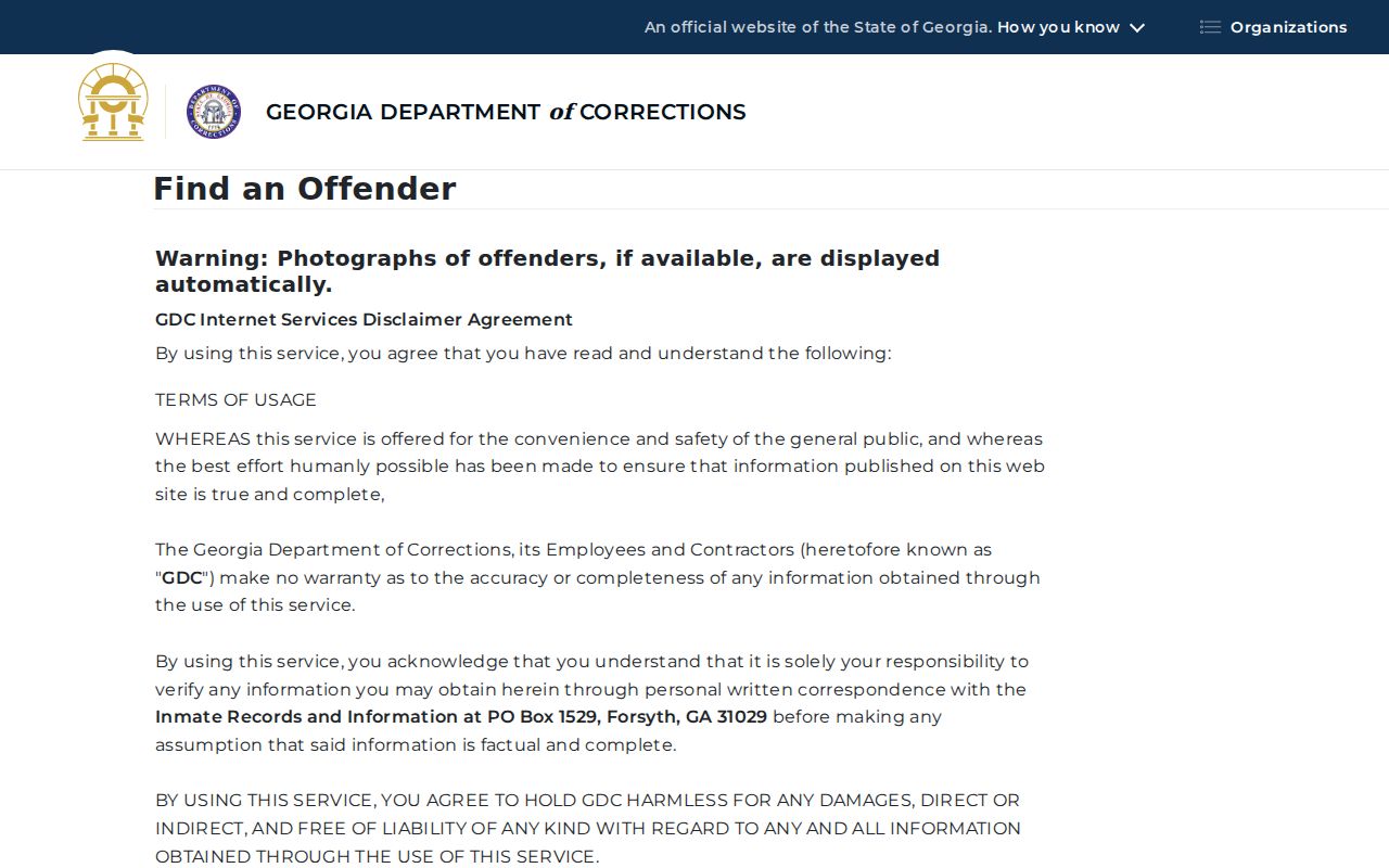 Georgia Department of Corrections official offender search form
