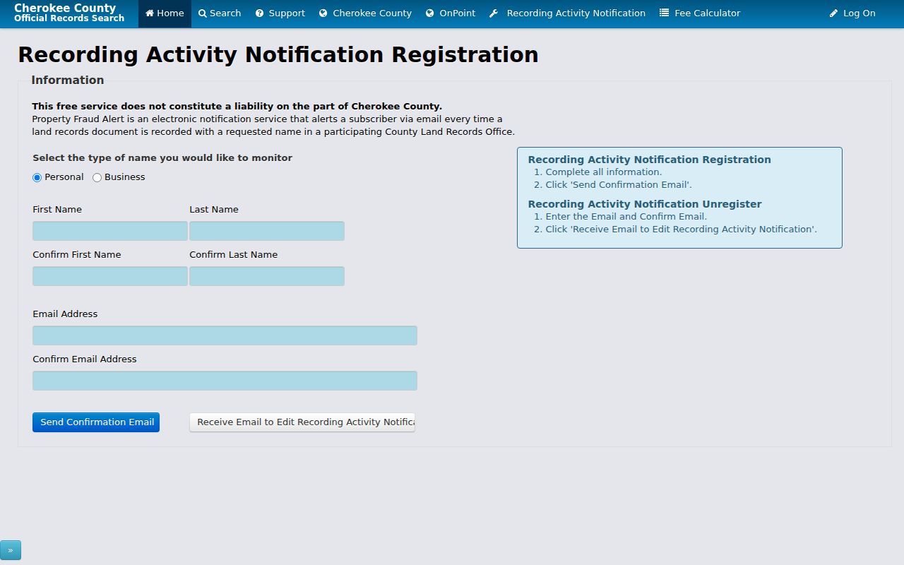 Cherokee County LandmarkWeb recorded document name alert registration