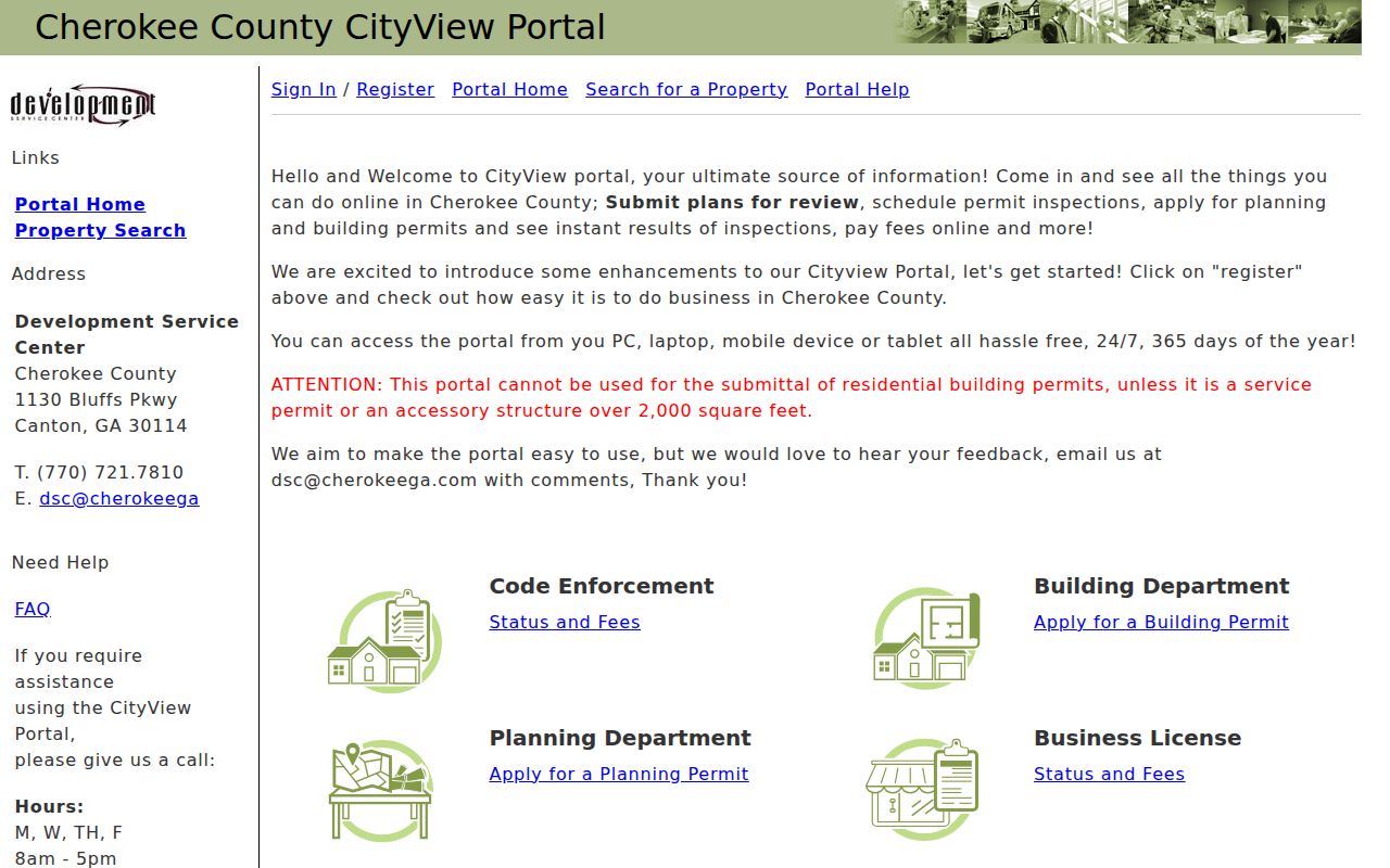 Cherokee County street directory CityView property and inspection portal